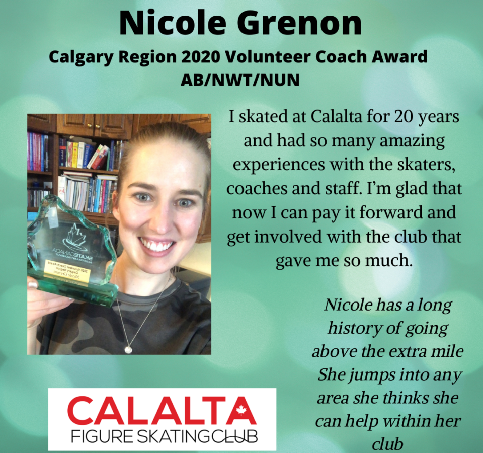 Nicole Grenon 2020 Volunteer Coach Award Calgary Region